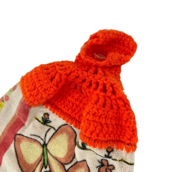 Vintage 70’s Dish Towel MCM Crochet Button Orange Butterfly Floral - Picture 2 of 5